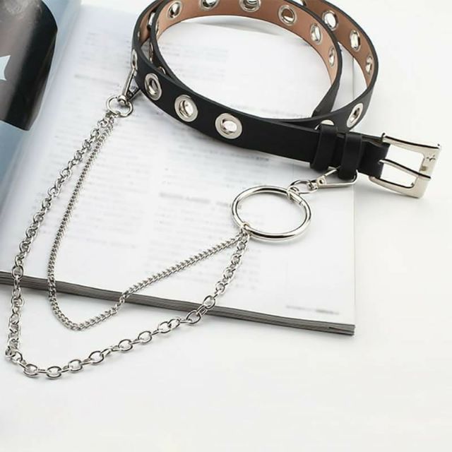 Belt chain thắt lưng da đục lỗ khoen 2 xích unisex