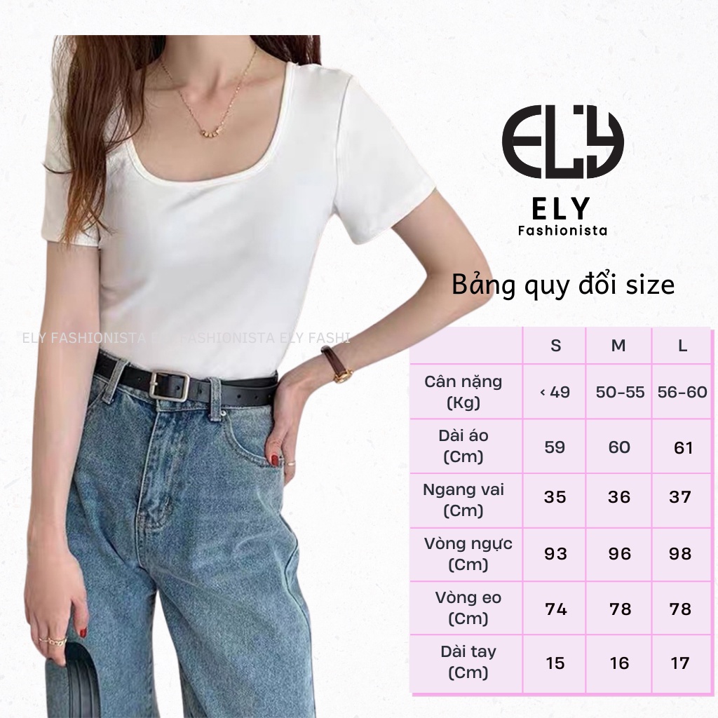 Áo phông nữ cổ vuông ngắn tay ôm sát body cotton thun trơn basic màu đen trắng ELY cao cấp  co giãn đi chơi đi làm ELY22
