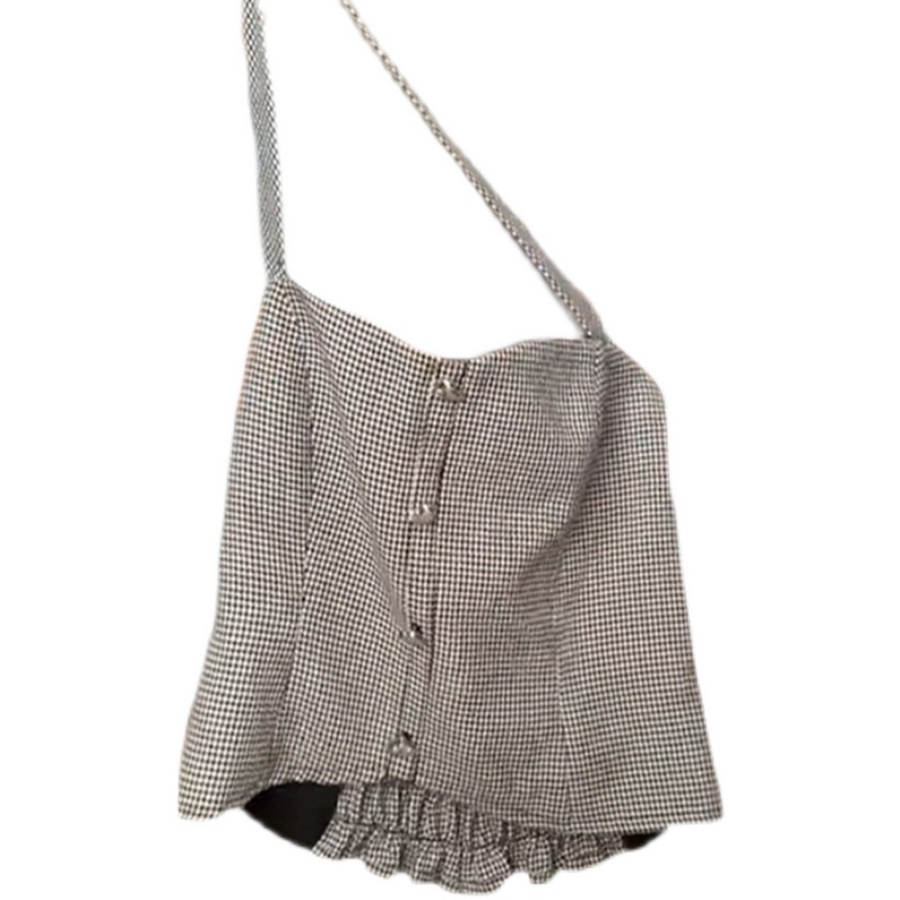 Áo yếm kẻ sọc caro croptop hở vai lưng eo bụng rốn đen trắng có big size dây đeo cổ