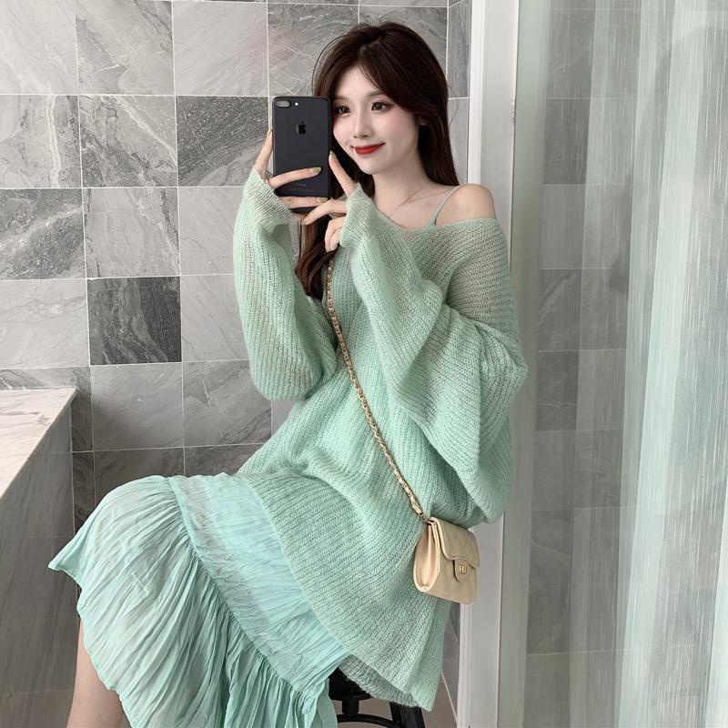 Áo Sweater Dệt Kim Mỏng Dáng Rộng Tay Dài Hở Vai Thời Trang Mùa Thu Cho Nữ
