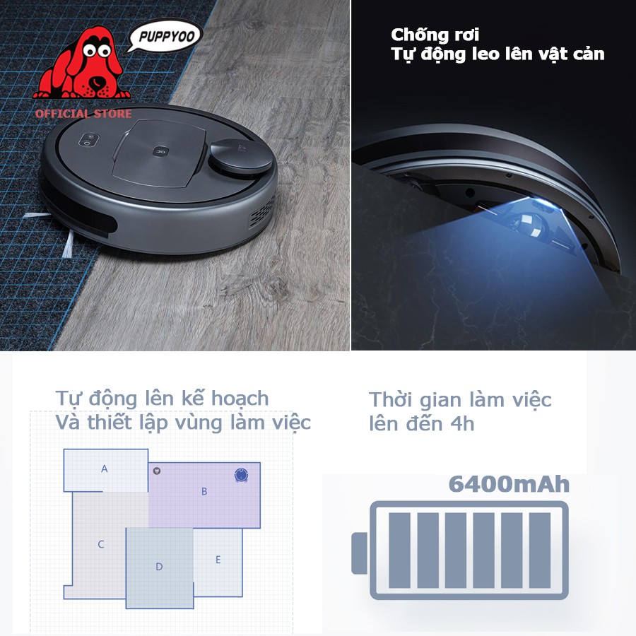 Robot Hút Bụi PUPPYOO R6-Home công nghệ Anti Drop chống rơi vượt chướng ngại vật hút thảm hiệu quả