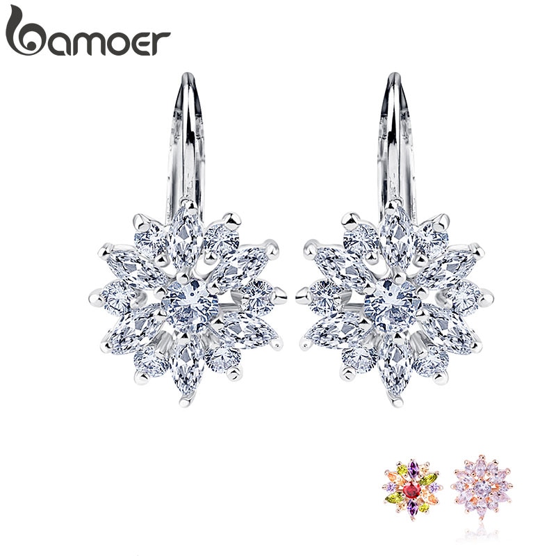 Bông tai đinh tán BAMOER JIE041 hình hoa đính đá Zicron AAA màu bạc/ nhiều màu cho nữ