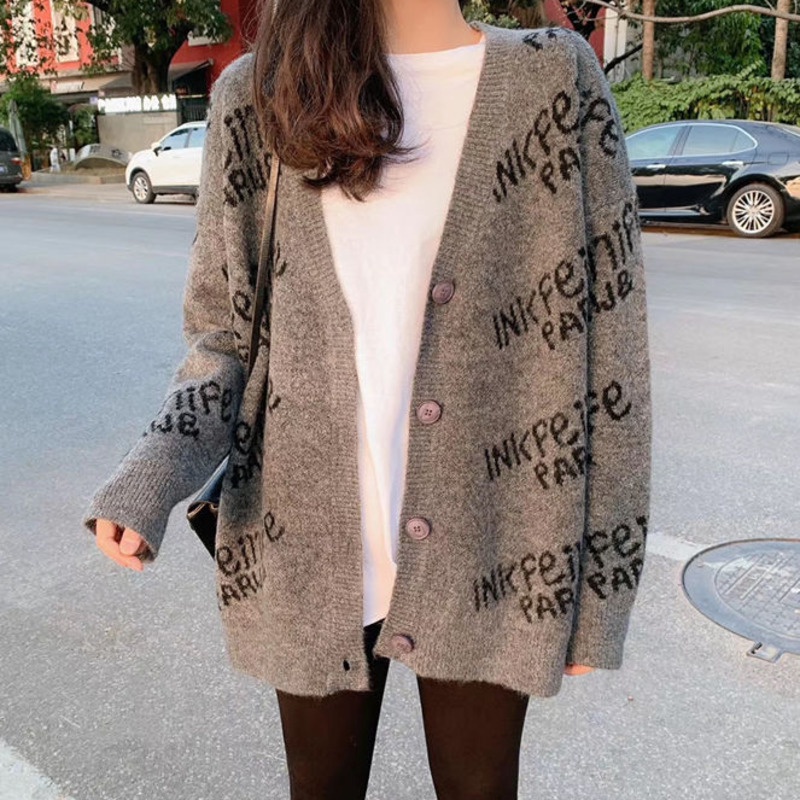 Áo khoác len cardigan tay dài in chữ thời trang Hàn Quốc