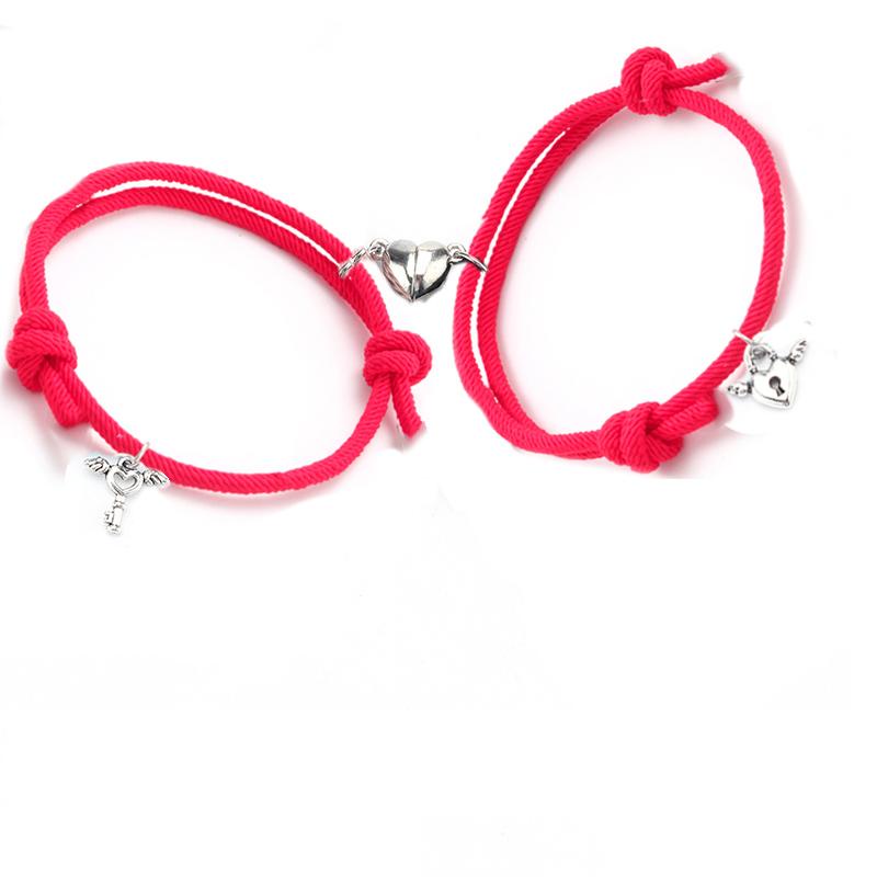 Set 2 vòng tay bện dây mặt khóa nam châm hình trái tim / ổ khóa và chìa khóa thời trang cặp đôi cho nam và nữ