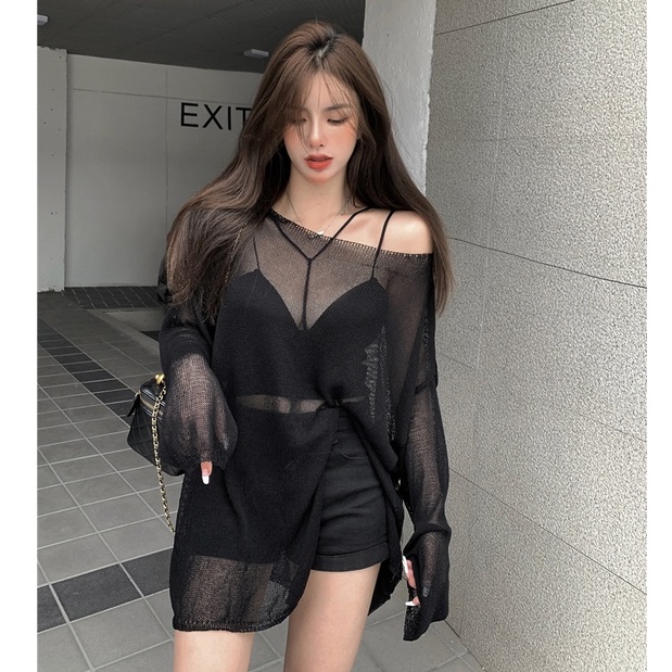 Bộ Áo Dệt Kim Tay Dài + Áo Hai Dây Chống Nắng Màu Trong Suốt Phong Cách Hàn Quốc Thời Trang Mùa Hè Cho Bạn Gái
