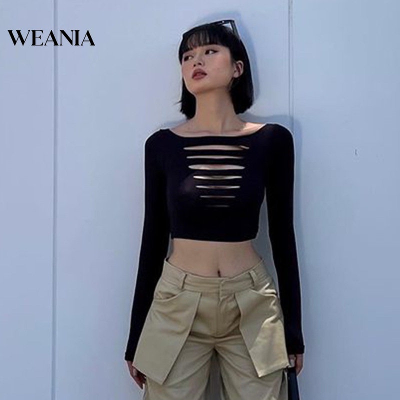 Áo Croptop Tay Dài Màu Trơn Thiết Kế Khoét Quyến Rũ