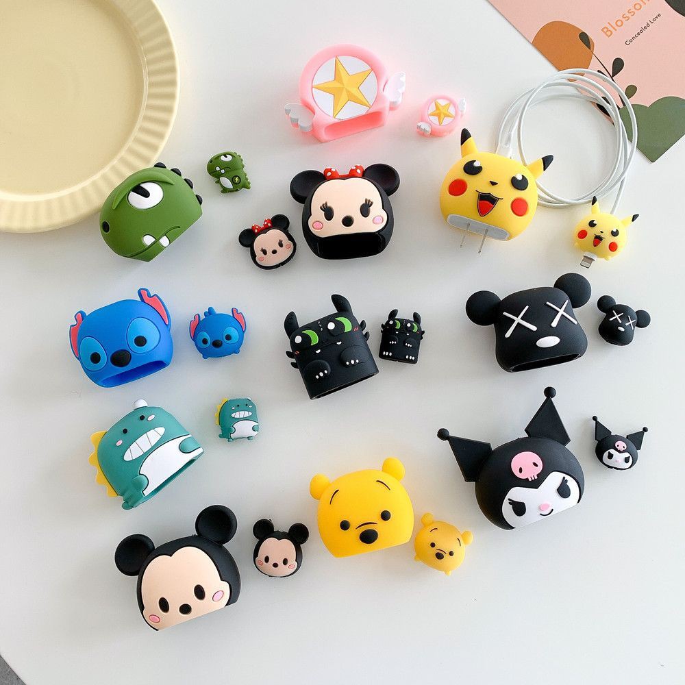 Combo ốp trang trí bảo vệ dây và củ sạc iPhone 18W 20W Khủng Long - Totoro - Vô diện - Stitch - Kaws và hoạt hình khác