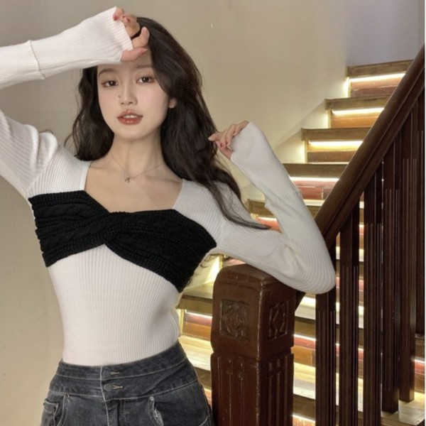 QADCOL Áo len dệt kim cổ vuông ôm dáng thanh lịch thời trang cho nữ