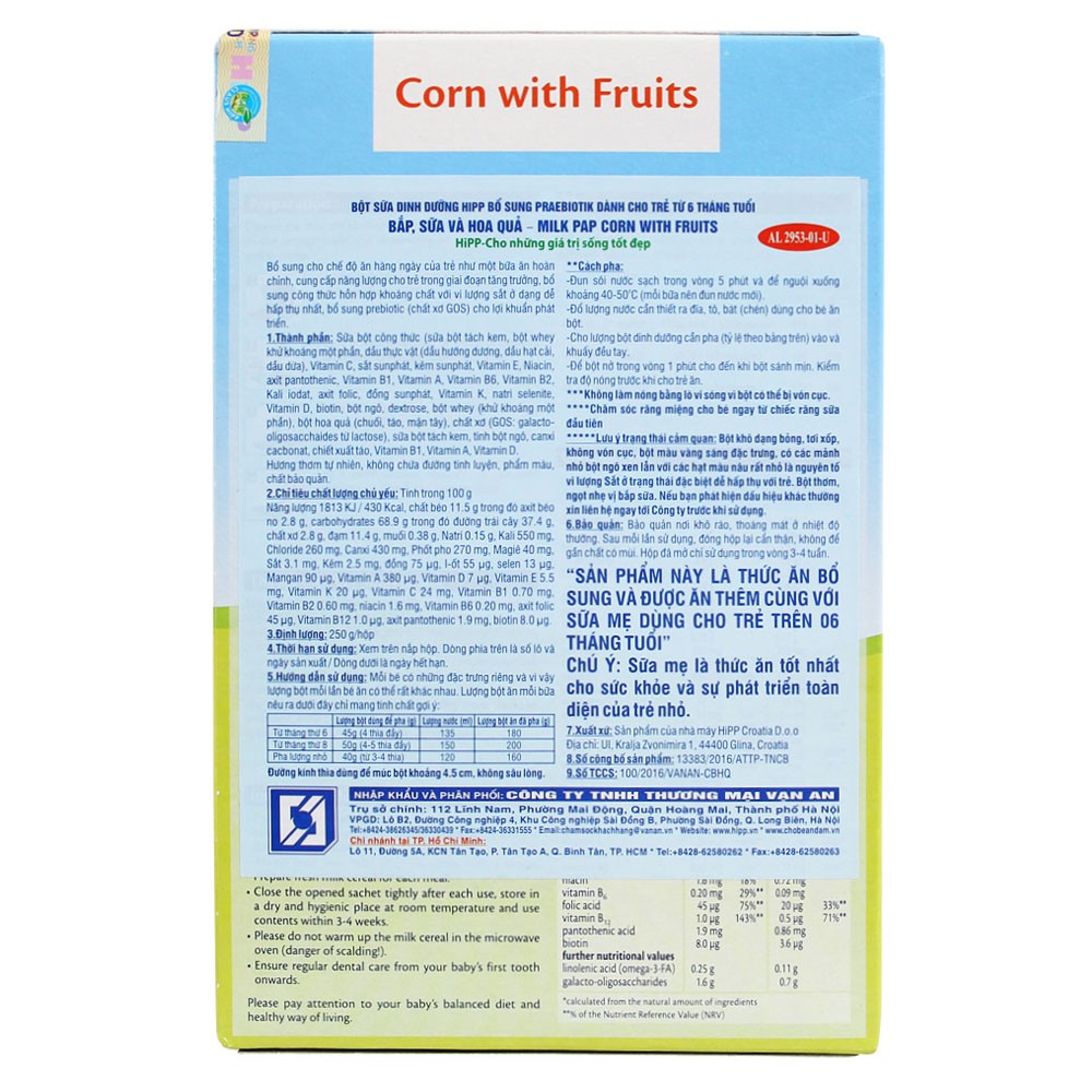 [CHÍNH HÃNG] Bột Ăn Dặm HiPP Corn with Fruits (Bắp, Sữa và Hoa Quả) Hộp 250g