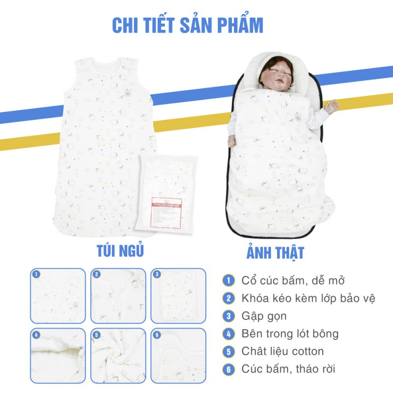 Túi ngủ Tinylove cotton trần bông, khóa kéo bên hông, màu trắng họa tiết cho bé