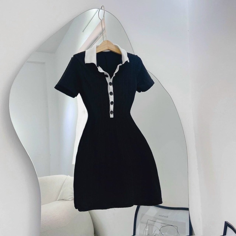 (Có BigSize) Đầm Váy Body Đen Cổ Trắng Tay Ngắn