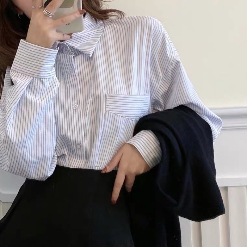 Áo sơmi xanh kẻ sọc 1 túi loại đẹp form rộng style Hàn Quốc kèm hình thật