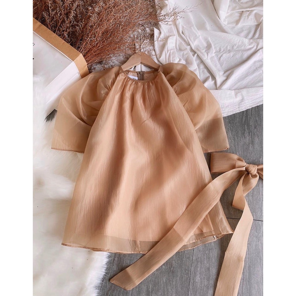 Áo voan tơ cột nơ eo tay phồng màu nude