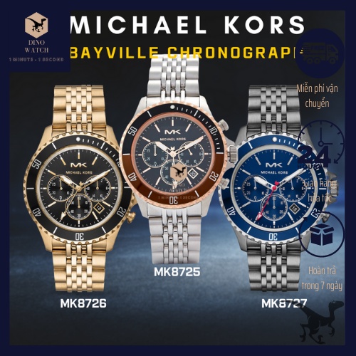 Đồng hồ nam michael kors bayville chronograph mk8725 mk8726 mk8727, dây thép, size 44mm