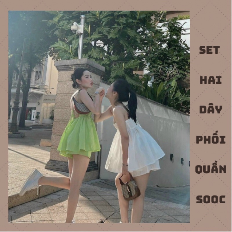 Bộ 2 Dây Dáng Babydoll Có Đệm Ngực Phối Quần Sooc