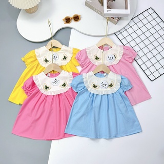 (6-20kg) Váy đầm thô trơn phối cổ tròn thêu cho bé gái siêu cute (ảnh thật)