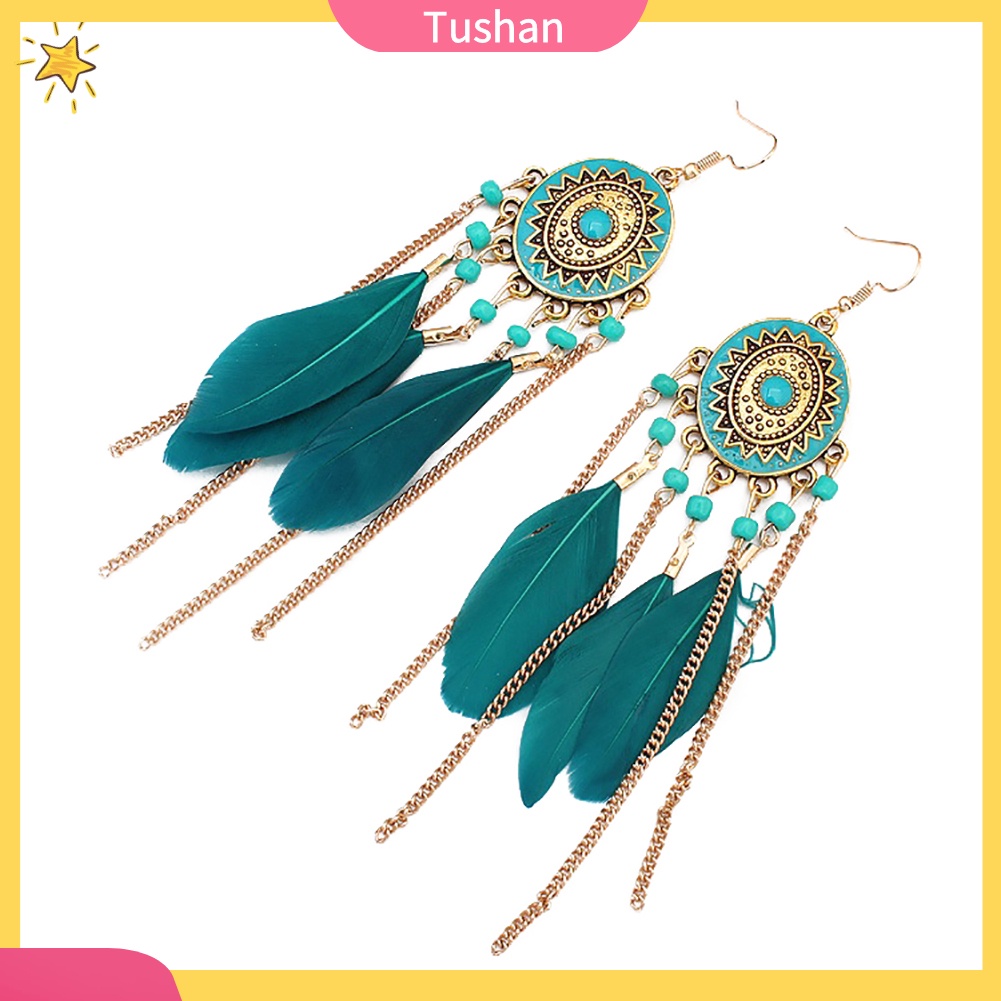 Đôi Bông Tai Dáng Dài Phối Lông Vũ Phong Cách Vintage Cho Nữ