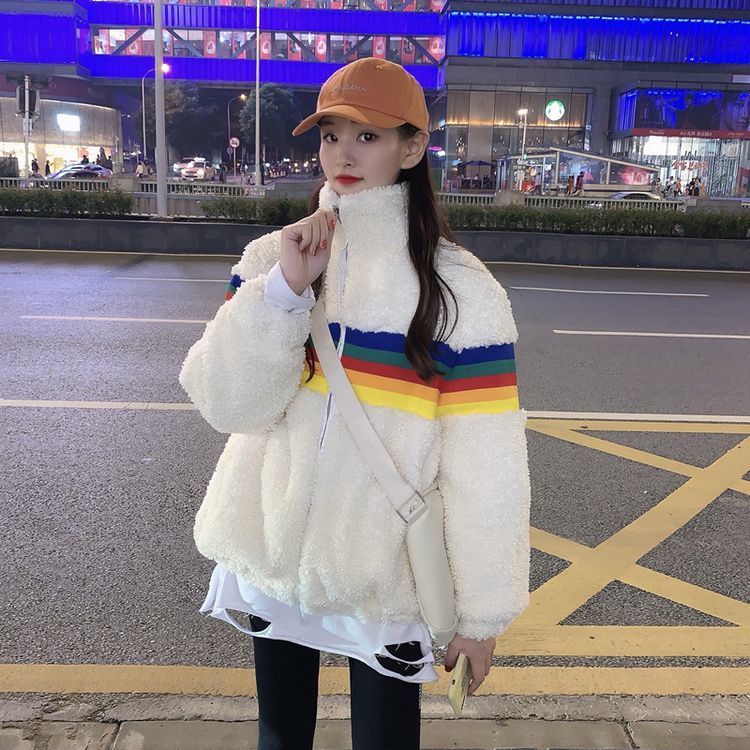 Jiashucheng Áo Khoác Len Lông Cừu Dày Dáng Rộng Màu Cầu Vồng Phong Cách Hàn Quốc Mới