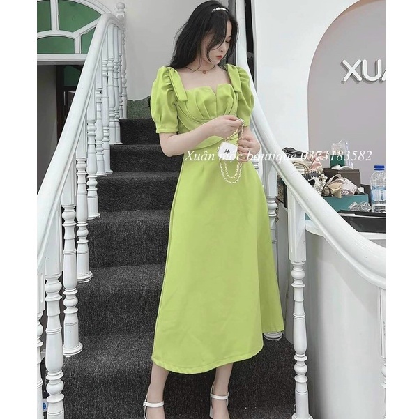 Đầm Dự Tiệc Thiết Kế Dáng Xòe Tay Phồng Cổ Vuông Cách Điệu 2 Dây Đan Chéo Xinh Sắn Thời Trang Váy Nữ Xm Minh Phúc