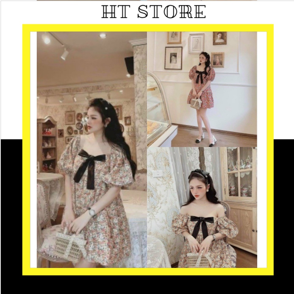 Đầm Babydoll Nữ Cổ Vuông Dáng Xòe Hoa Nhí Phối Nơ 2 Màu Q036 - HT STORE