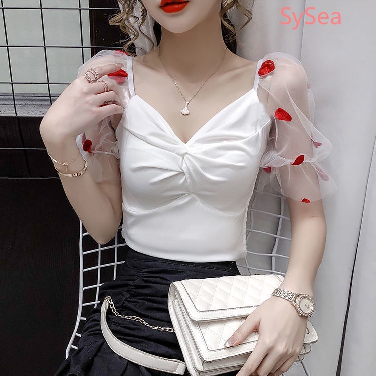 Áo Kiểu Cổ Chữ V Phối Lưới Thời Trang Mùa Hè Cho Nữ