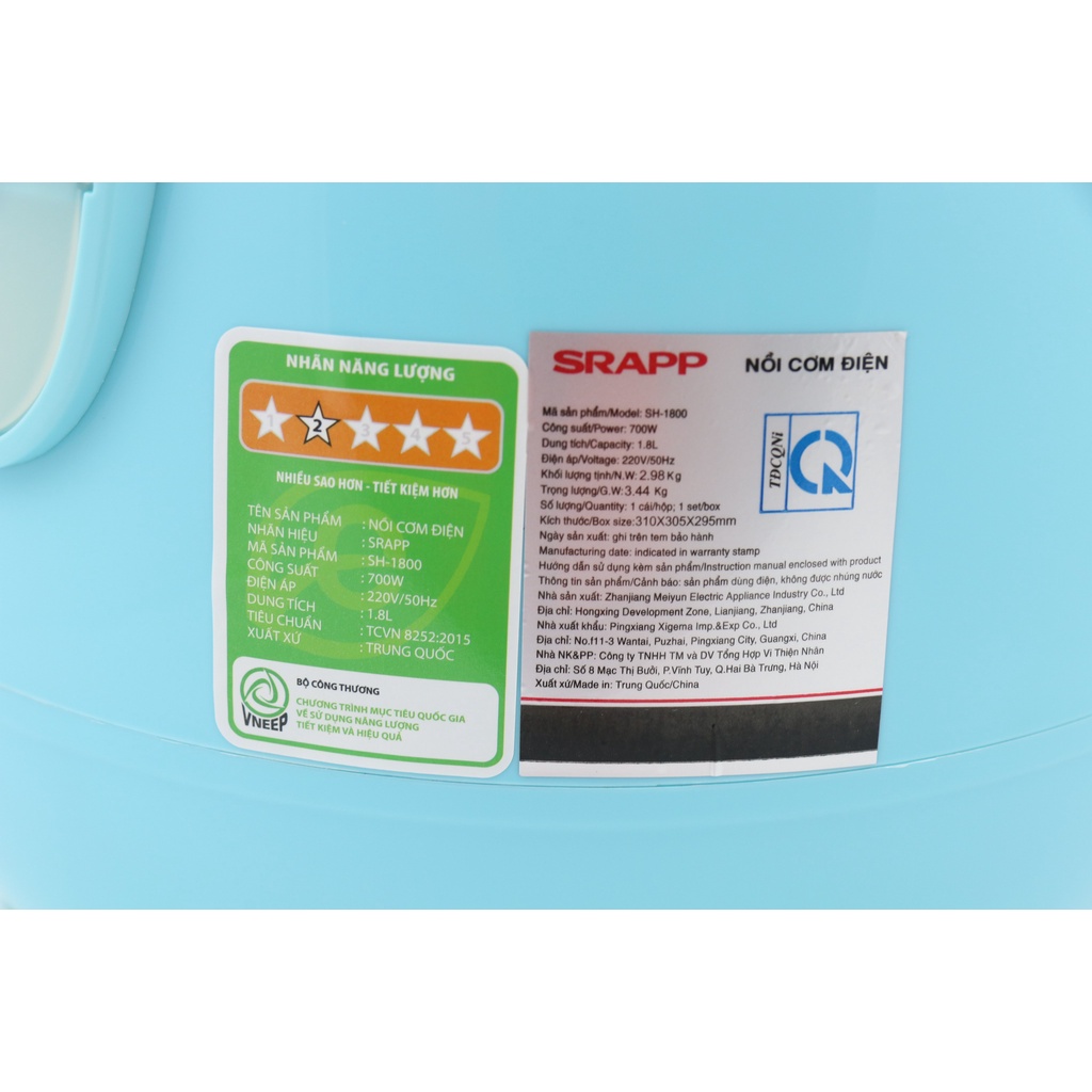 Nồi Cơm Điện SRAPP SH-1800 Dung Tích 1.8 Lít, Tặng Kèm Giá Hấp, Bảo Hành 12 Tháng, Bền Đẹp Cơm Ngon