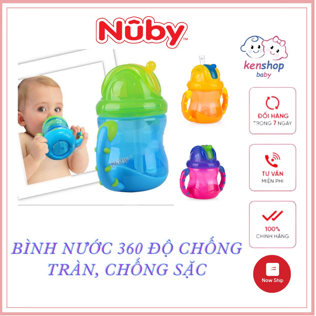 [HÀNG CHÍNH HÃNG] Bình uống nước có ống hút silicone Nuby 360 độ 240ml, có tay cầm cho bé chất liệu nhựa PP cao cấp