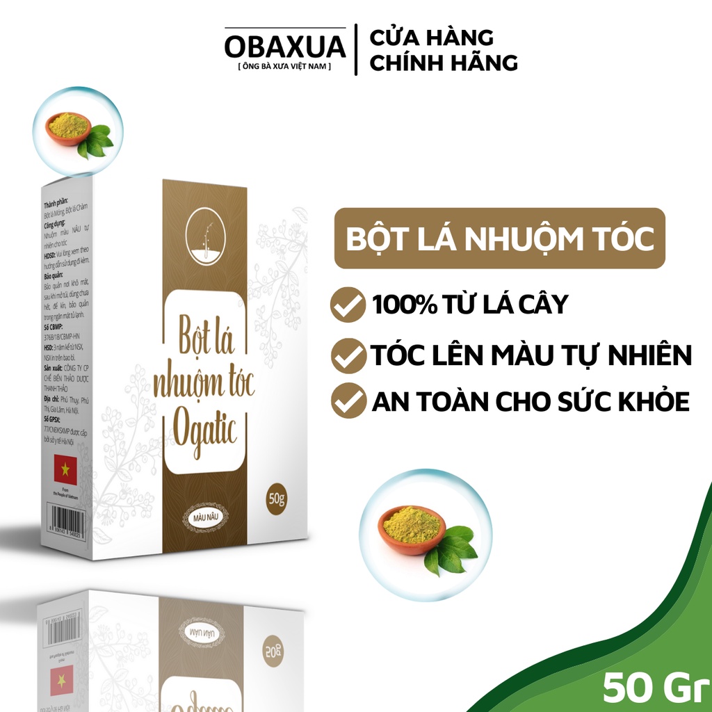 Bột Lá Nhuộm Tóc Ogatic ĐEN NHUỘM TÓC TỪ LÁ CÂY, 100% Thiên nhiên - 50Gr
