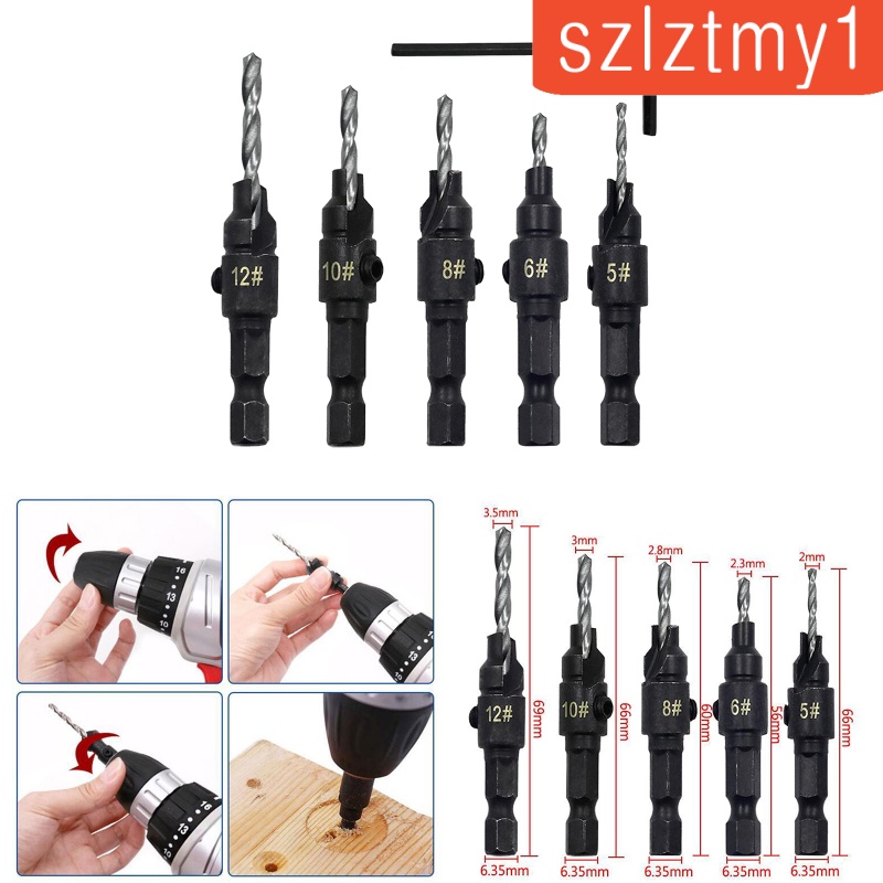 [Thunder]  5 Pcs HSS Steel Countersink Drill Bits with Wrench for Woodworking