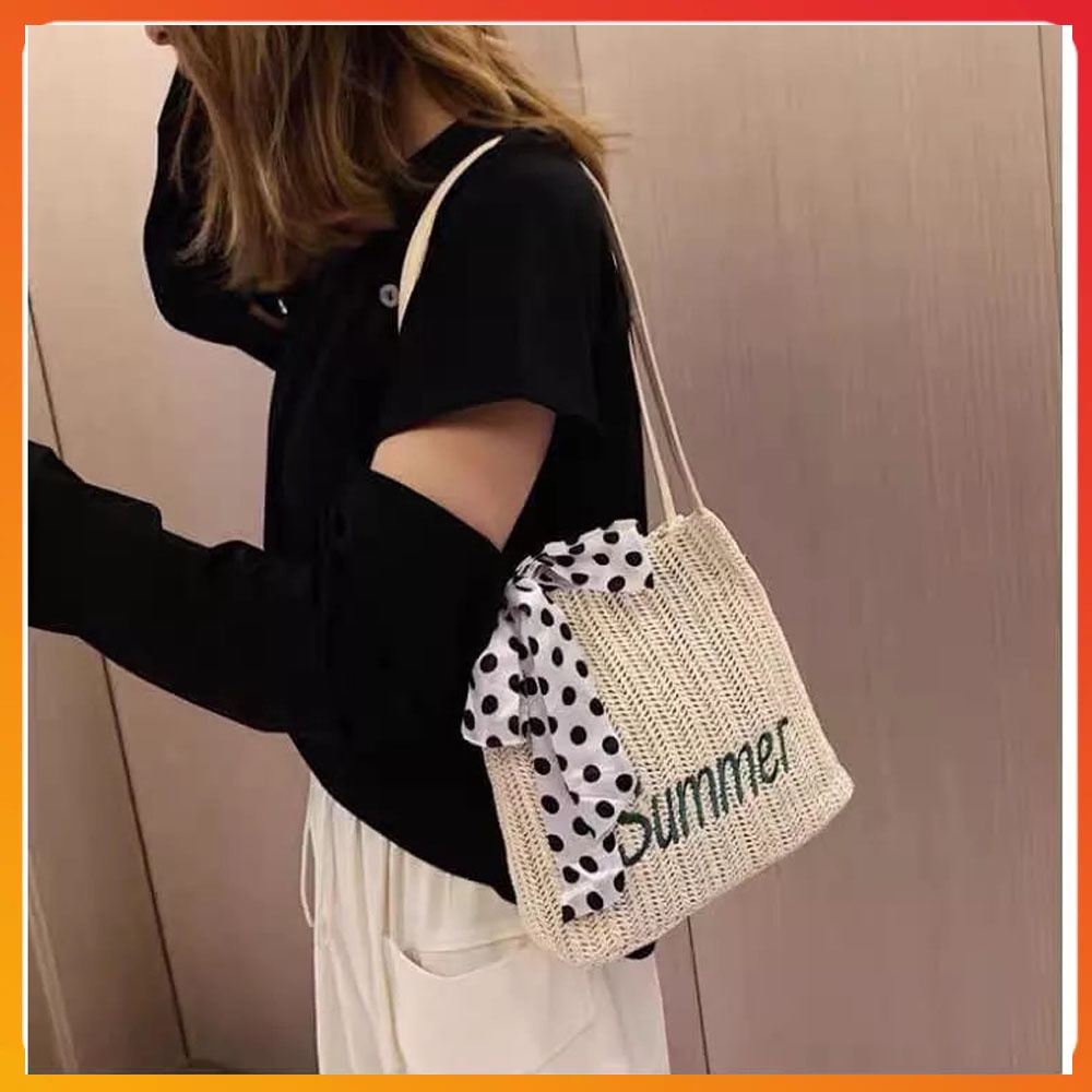 Túi cói hoa cúc, túi summer đi biển có khăn thắt nơ dễ thương đeo vai cho chị em HOT HIT