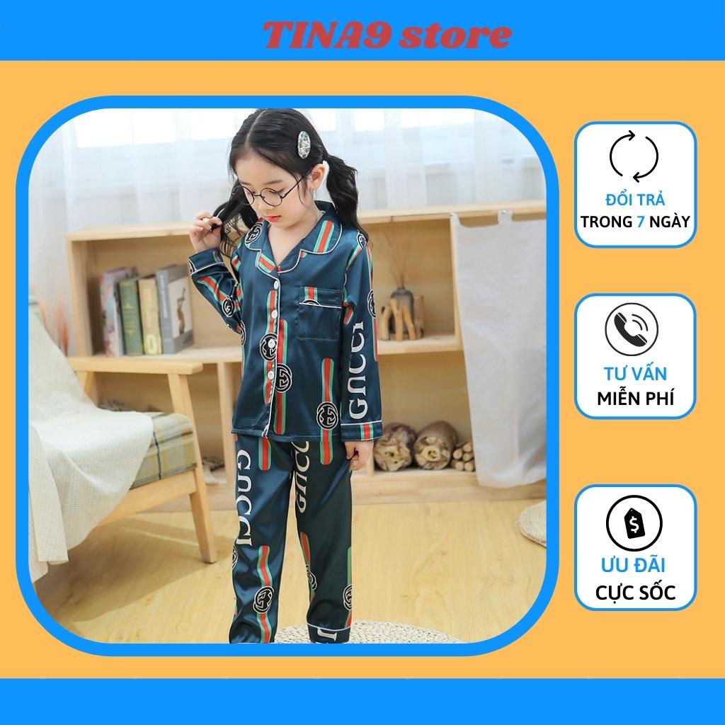 Bộ pijama lụa dài tay xuất xịn, Đồ ngủ trẻ em cao cấp cho bé trai gái từ 6-28kg