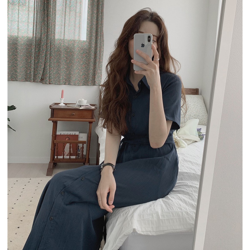 Đầm tay ngắn cổ bẻ thắt dây thời trang 43935