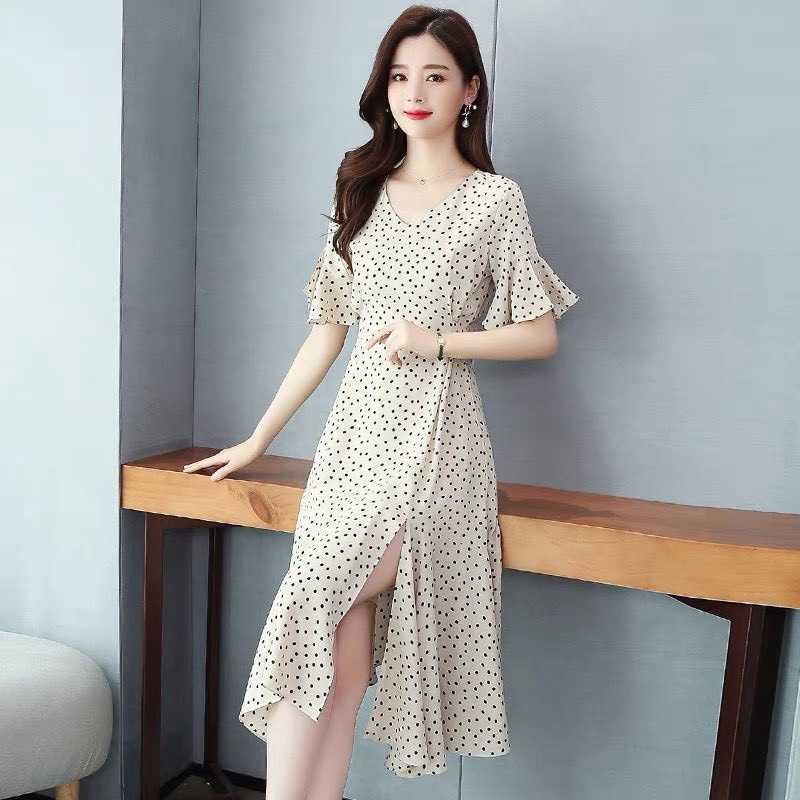 (HCM) Váy xoè dự tiệc chấm bi kèm nơ cột siêu xinh , dài qua gối , tôn dáng tiểu thư hàn quốc siêu xinh HOANG GIA STORE