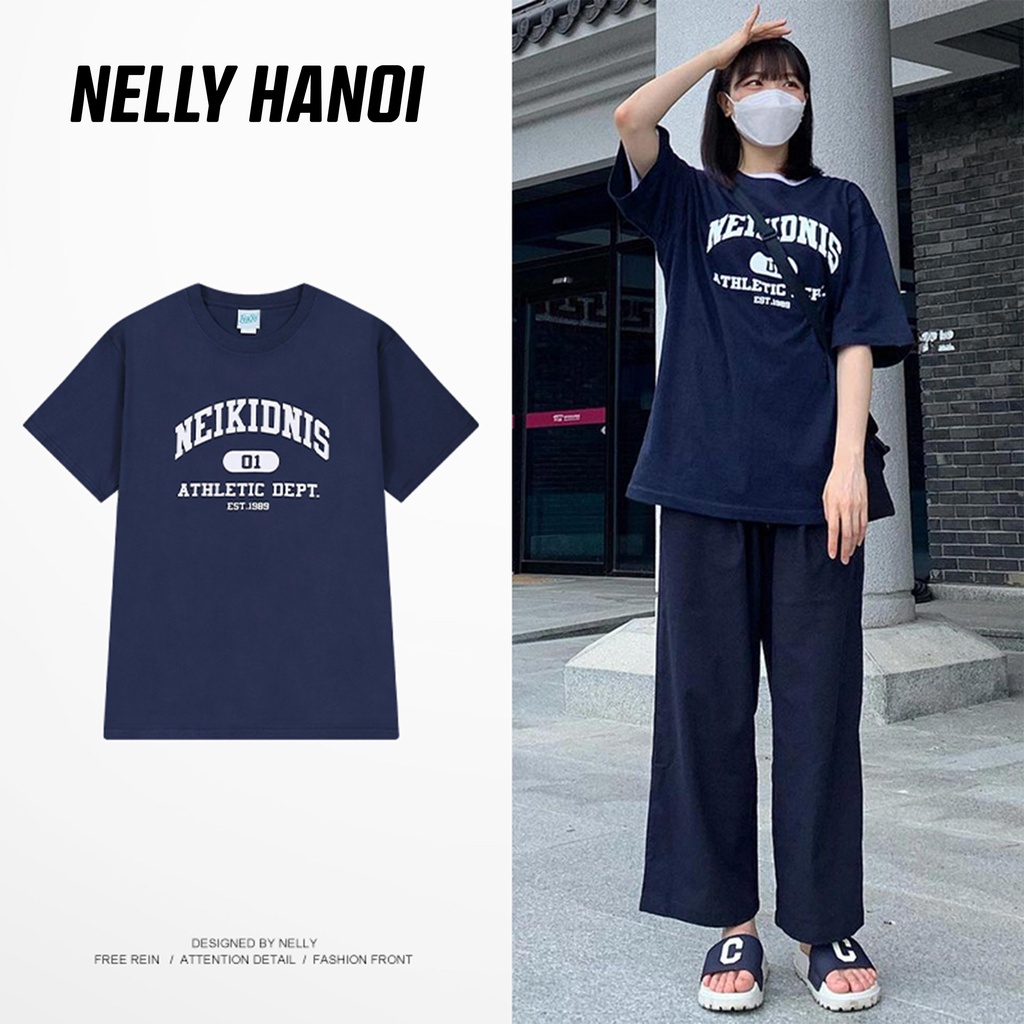 Áo thun dáng rộng form unisex NELLY màu xanh than 100% chất cotton hàng có sẵn giao luôn mẫu NEIKIDNIS