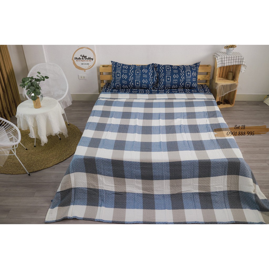 Set 18_Chăn Xô Cotton Sợi tre Organic dòng Basic &amp; Ga gối cottton nguyên chất 100%