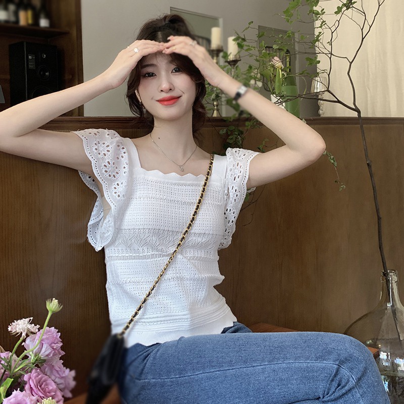 Áo Thun Dệt Kim Cổ Vuông Tay Ngắn Màu Trơn Khoét Lỗ Thời Trang Hàn Quốc Cho Nữ