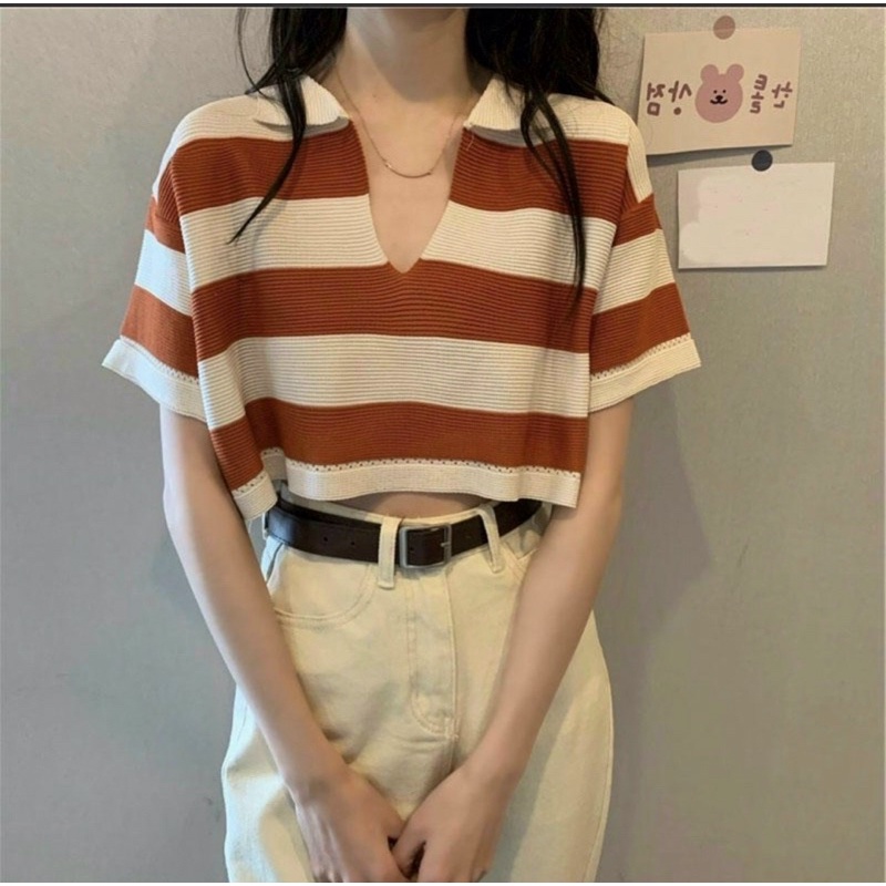 Áo montoghi kẻ cổ bẻ khoét Quảng Châu dáng croptop LEN SỌC