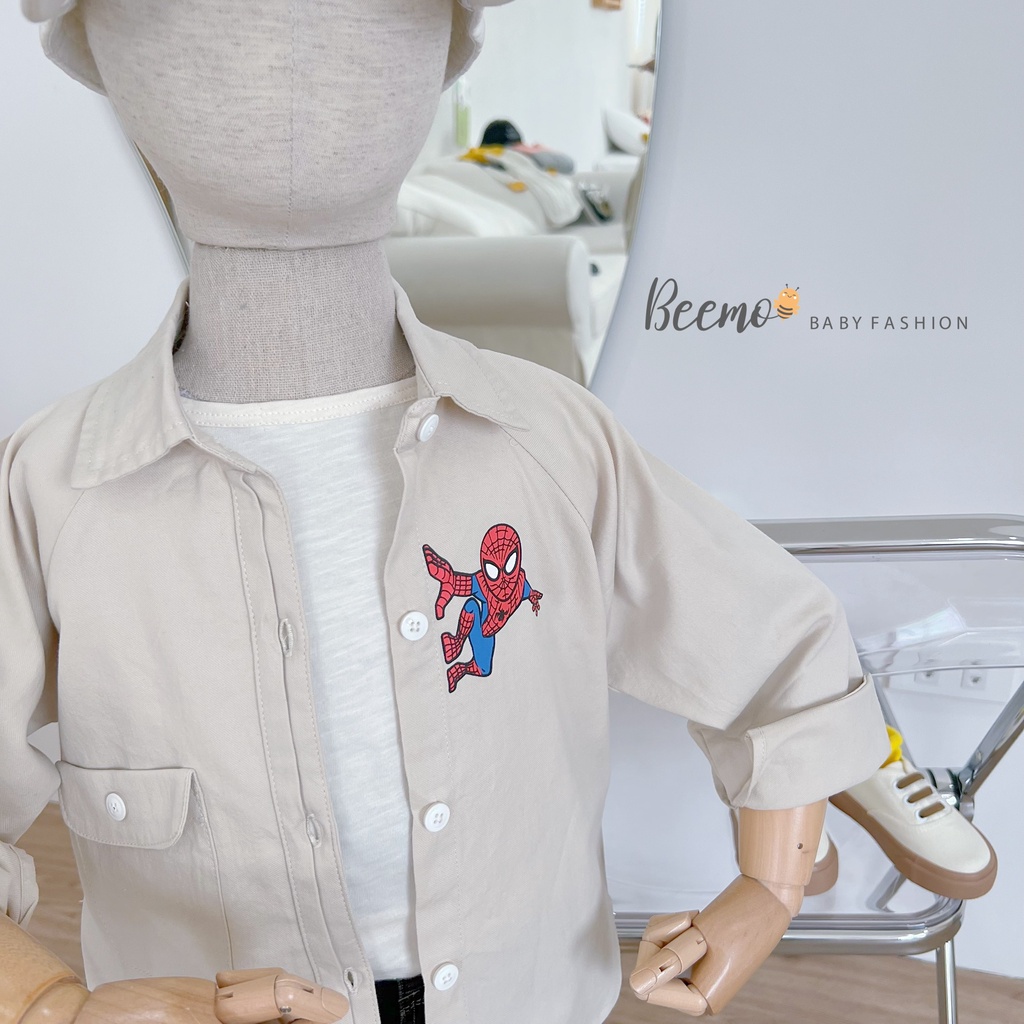 Áo sơ mi dài tay Beemo in hình người nhện phối túi vải thô mặc đi học, sự kiện 2 màu cho bé trai từ 1 đến 6 tuổi 22145A2