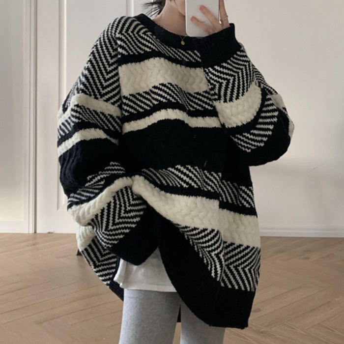 Áo len nữ hàn quốc form rộng kẻ sọc ngang 2021, áo sweater nữ len form rộng dệt kim | BigBuy360 - bigbuy360.vn