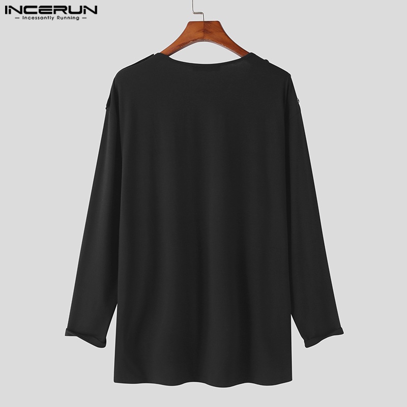 Áo thun INCERUN dài tay cổ chữ V màu trắng đen cho nam