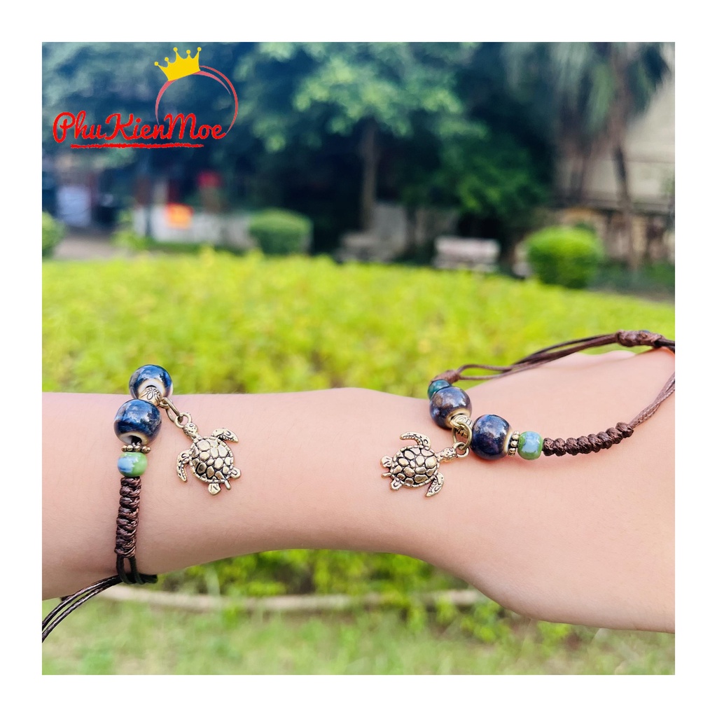 Vòng tay dây rút hình rùa biển hạt thổ cẩm PhuKienMoe handmade