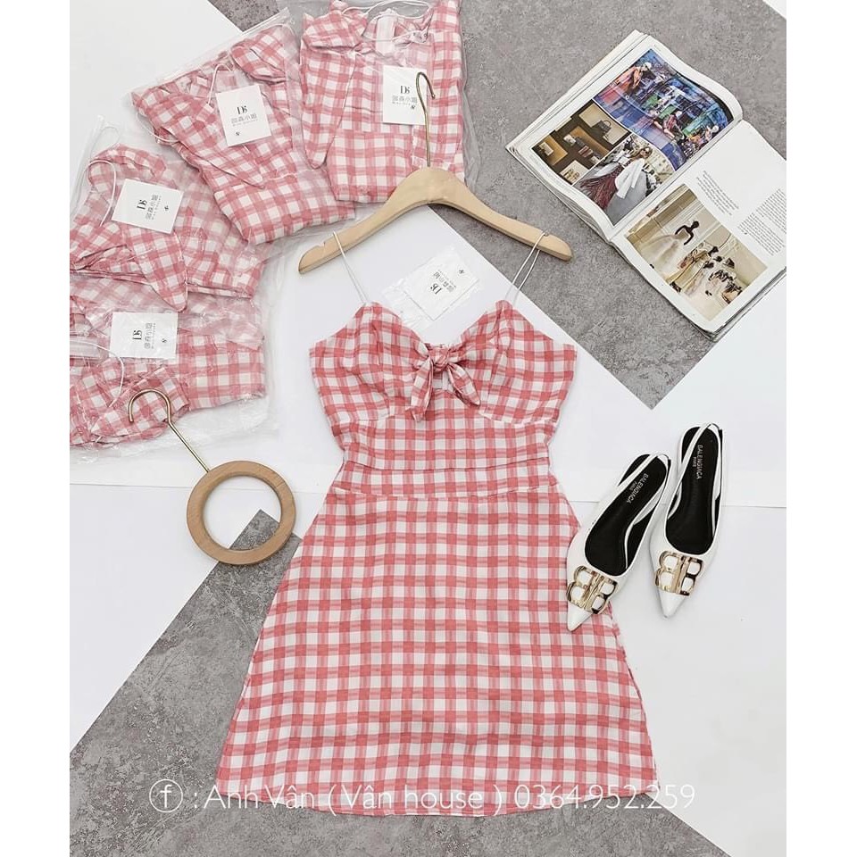 Đầm kate họa tiết caro hai dây thắt nơ trước ngực sexy TTSA0315