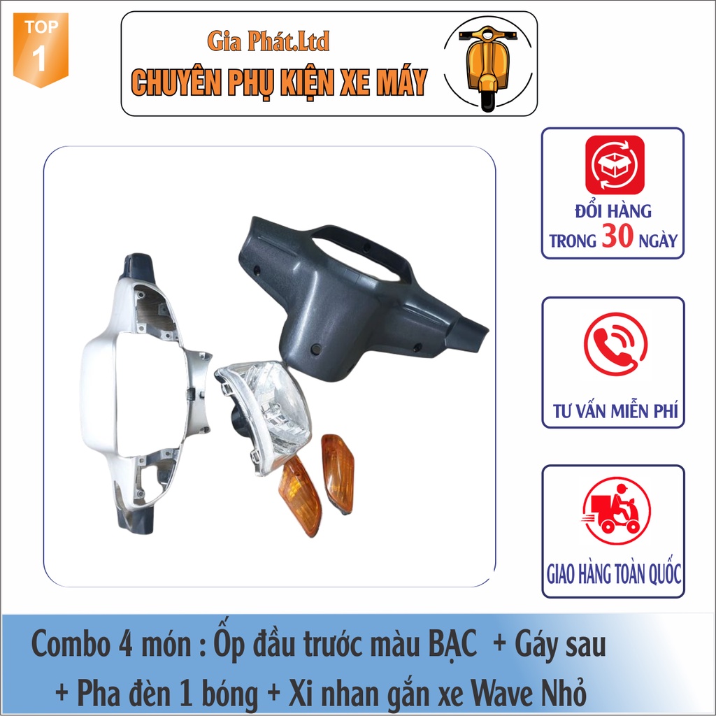 Combo ốp đầu trước màu BẠC gắn xe Wave Thái, ZX, Wave 110 đời 1997-2006 đủ ốp đầu, gáy, pha đèn, xi nhan