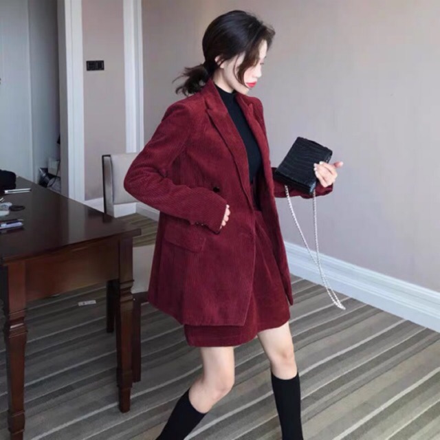 (Sẵn Set Váy áo) Set Blazer/Vest nhung tăm đỏ đô + Chân váy + Quần Ulzzang ( tách lẻ)- ảnh thật+ video