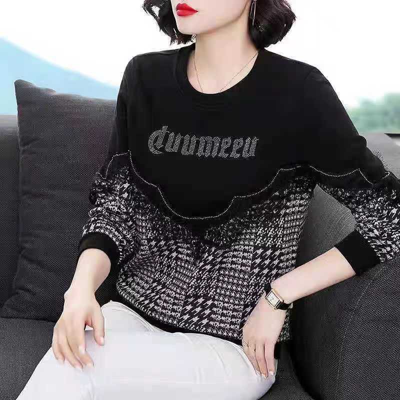 (Q057) Áo cổ tròn dáng suông trang trí đính đá phối kẻ lạ mắt nổi bật thiết kế kiểu dáng sang trọng tinh tế duyên dáng