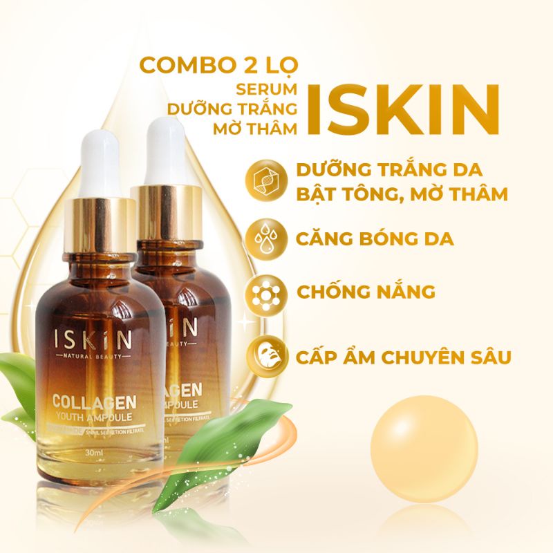 Combo 2 Hộp Serum Dưỡng Trắng Da, Mờ Thâm, Trẻ Hóa Da, Cấp Ẩm Chuyên Sâu Và Chống Nắng ISKIN Collagen Youth Ampoule 30ml