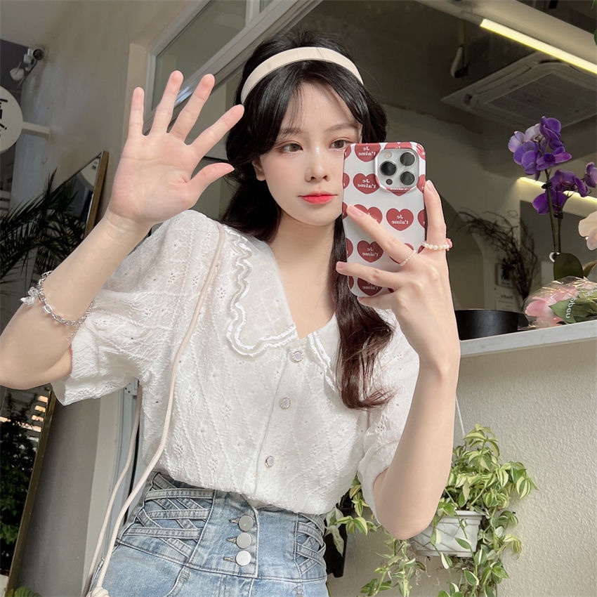 Áo Sơ Mi Ren Mỏng Tay Ngắn Dáng Rộng Cổ Búp Bê Thời Trang Xuân Hè Hàng Mới Dành Cho Bạn Nữ 2022  tao bao
