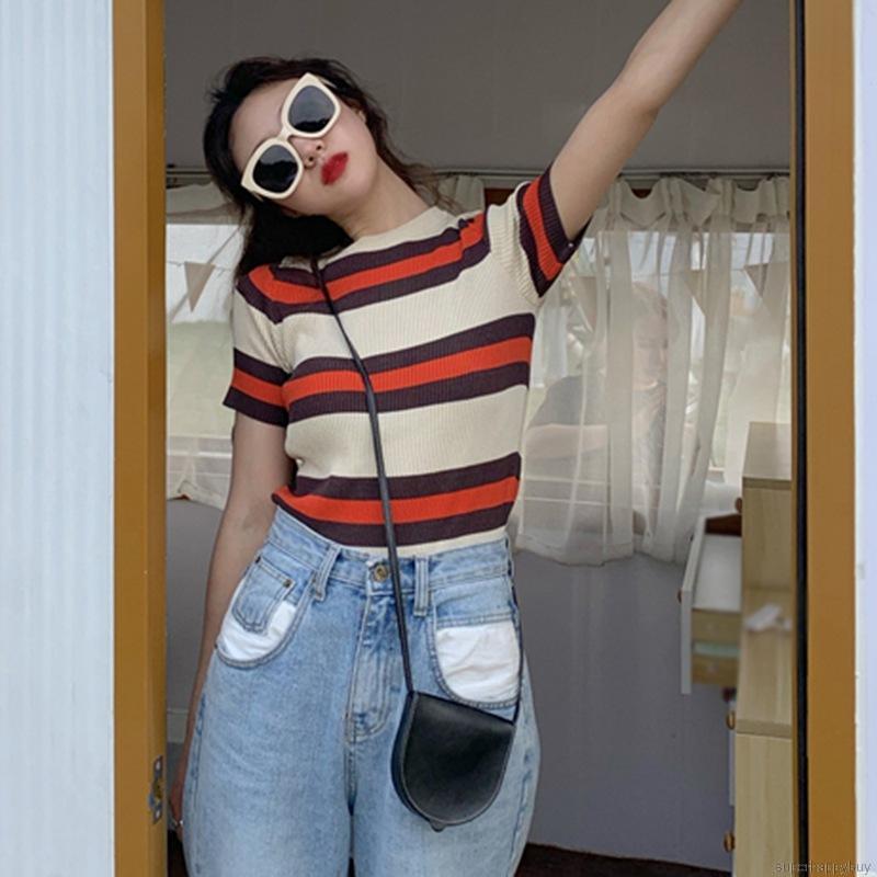 Áo Thun Ngắn Tay Sọc Ngang Xinh Xắn Cho Nữ