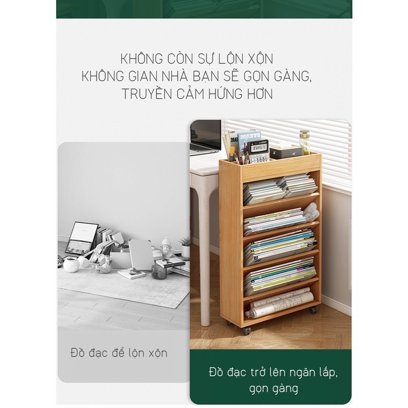 kệ gỗ đa năng 5 tầng có bánh xe để sách cạnh bàn làm việc GP189.03