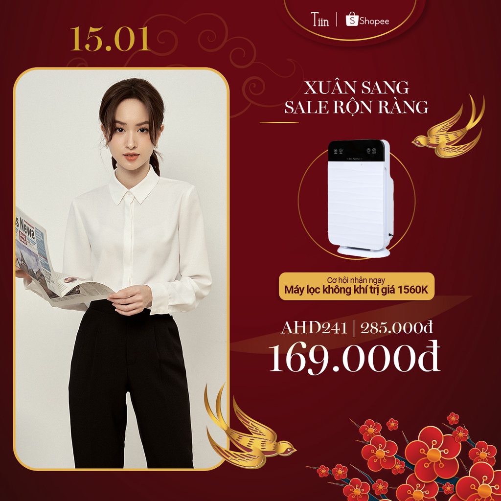 Áo sơ mi nữ cổ đức dài tay công sở Tiinstore giấu khuy áo chất cát hàn chống nhăn phong cách Hàn Quốc AHD241